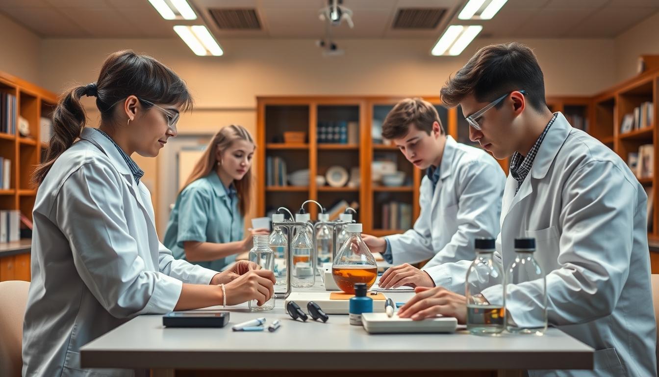 Students studying together in modern classroom